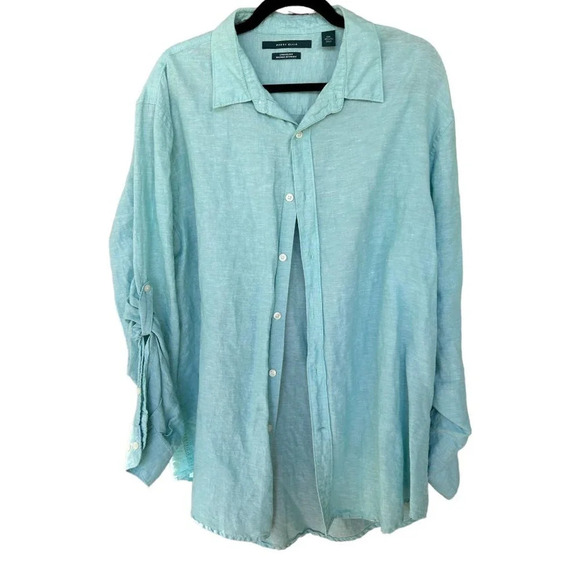 Perry Ellis Men's Roll Sleeve Linen Cotton Button-Down Shirt Aqua Sea Size XXL - Picture 4 of 10
